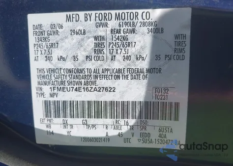 2006 Ford Explorer Eddie Bauer из США, поврежденный, VIN 1FMEU74E16ZA27622